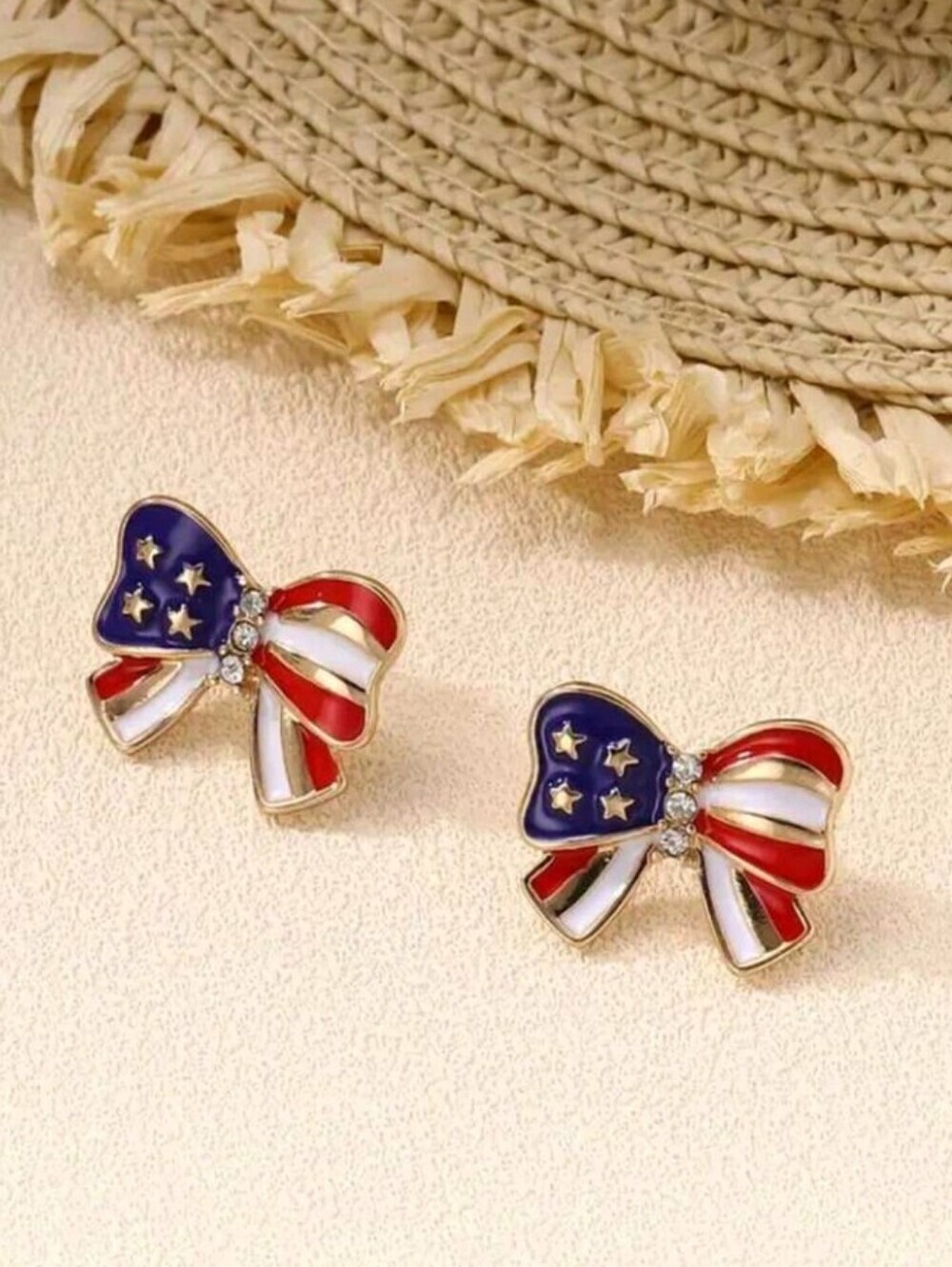 Artisan Red, White & Blue American Flag Bow Stud Enamel Rhinestone Earrings